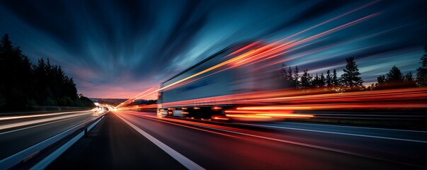 Truck with motion blur on the highway during dusk, side view with abstract light trails. Concept for logistics management, fast delivery and distribution services