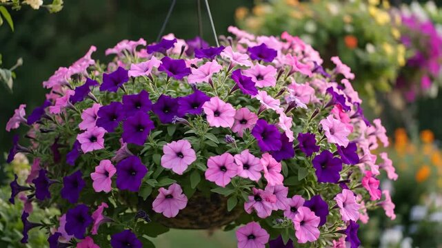 Hanging basket of colorful petunia flowers in full bloom