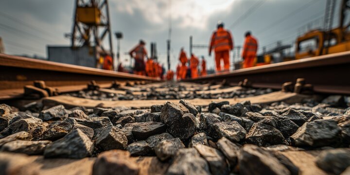 Low angle view of railroad track with gravel and workers in orange uniforms, blurred background. Concept for railway maintenance, construction and industrial engineering