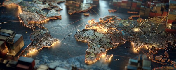 Detailed world map with glowing cities and cargo containers, concept for global business, international trade and supply chain management