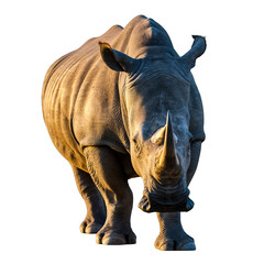 A Majestic Rhinoceros Walks Forward With Warm Sunlight Illuminating Its Textured Skin Against A Black Background A Powerful Creature in Close Up Detail