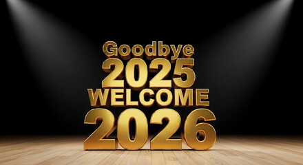 Celebrate a prosperous 2026 with golden text on stage, bidding farewell to 2025 in style, a modern and elegant New Year's design