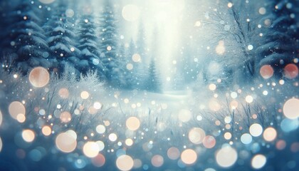 Dreamy winter wonderland with snowy trees and glittering lights, perfect for holiday greetings, festive designs, and serene backgrounds creating cozy vibes