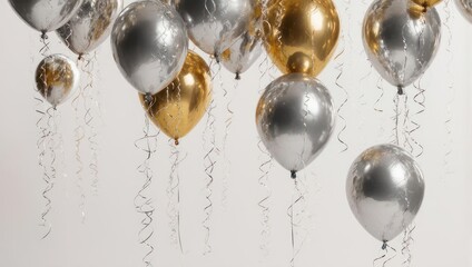 Shiny Gold and Silver Balloons Floating Against a White Background.