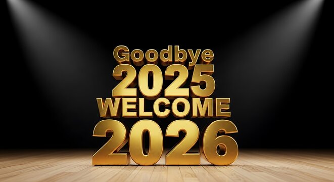 Celebrate a prosperous 2026 with golden text on stage, bidding farewell to 2025 in style, a modern and elegant New Year's design