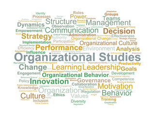 Organizational Studies Word Cloud. Key terms capturing human behavior, structures, culture, leadership, and system dynamics across business, government, and nonprofit environments.