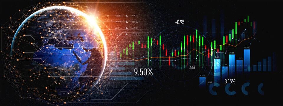 A visually striking representation of global market trends featuring data visualization, financial indicators, and a digital Earth backdrop to symbolize the interconnected world of finance. Scalp - Powered by Adobe