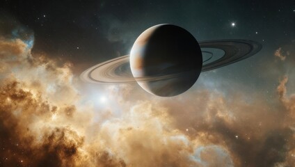 Saturn Planet With Rings In Outer Space Among Clouds And Stars.