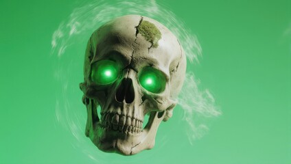 Scary Skull with Glowing Green Eyes and Smoke.