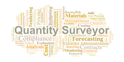 Quantity Surveyor Word Cloud. Key terms on construction costs, budgeting, tendering, valuation, and contract management essential for professionals in project delivery and financial control.