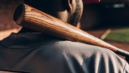 Baseball Player with Wooden Bat on Shoulder