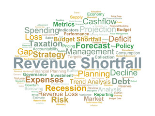 Revenue Shortfall Word Cloud. Core Terms on Budget Gaps and Financial Risk Factors