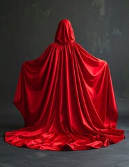 Naklejka premium Mysterious Figure in Flowing Red Cloak with Hood Against Dark Background.