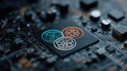 Close up of a computer chip with colorful circular patterns