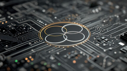 Futuristic circuit board with glowing interconnected rings