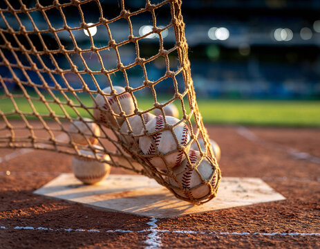 Baseballs Piled in a Net on Home Plate