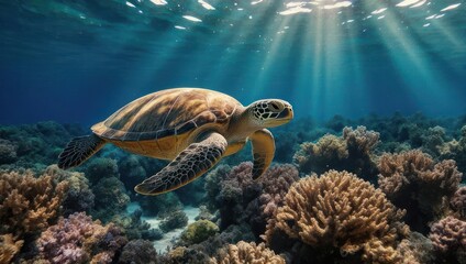 Sea Turtle Swimming Gracefully Over Vibrant Coral Reef Under Sunlit Ocean Waters.