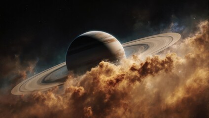Saturn Planet Ringed Gas Giant Celestial Body in Cosmic Nebula Clouds.