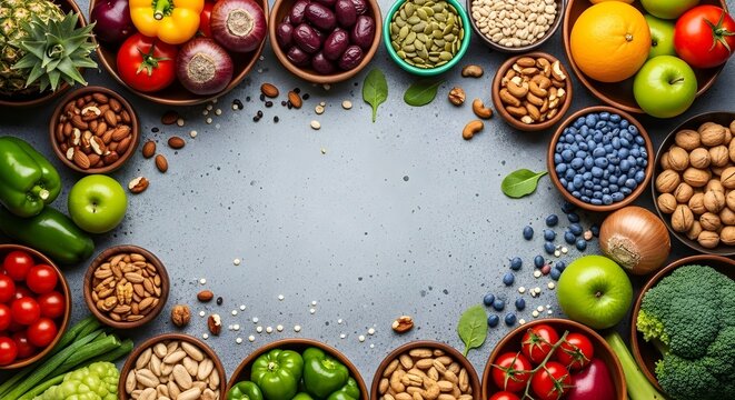 Colorful variety of healthy food arranged in a frame on a gray surface - Powered by Adobe