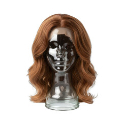 A realistic brown wavy wig displayed on a clear glass mannequin head on a transparent background illuminated by soft studio lighting showcasing hair texture and style