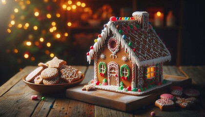 Festive gingerbread house and cookies with Christmas lights create a warm holiday tradition, perfect for baking inspiration and winter celebrations