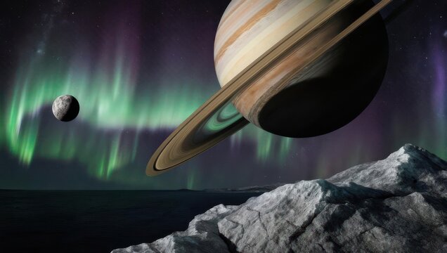 Saturn and its moon with aurora borealis over rocky planet surface.