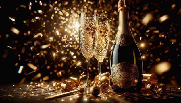 Celebrate 2029 with sparkling champagne and festive gold confetti, perfect for New Year's Eve parties and milestone celebrations everywhere
