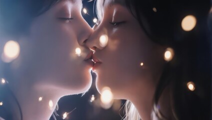 Romantic Couple Sharing a Tender Kiss Under a Bokeh Light Display.