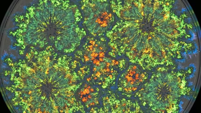 Microscope view showcasing colorful mold spores forming radial patterns, revealing intricate clustered arrangements.