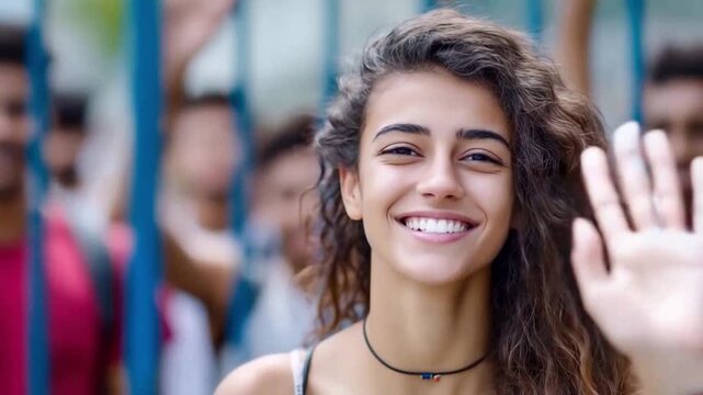 Embracing the World: A portrait captures a captivating individual waving with warmth and openheartedness, radiating approachability, joy, and inviting a sense of connection.