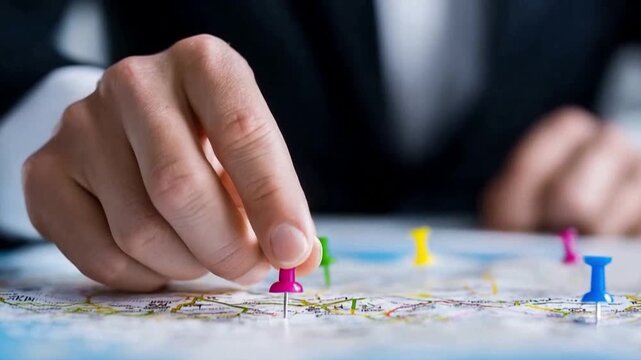 Strategic Path: A focused hand places a pin on a map, charting a course toward ambitious targets. It's a symbolic representation of strategy and planning, visualizing the commitment