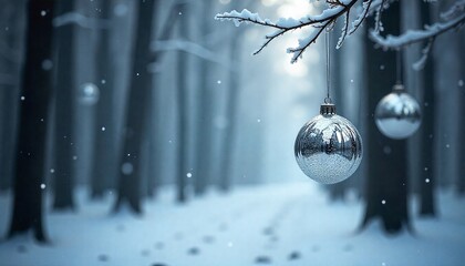 Enchanting winter wonderland with snowy trees and festive ornaments, a serene and magical scene perfect for holiday greetings and seasonal promotions