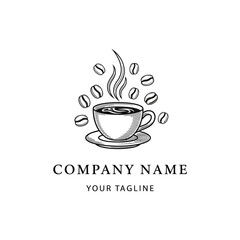 Elegant Coffee Cup Logo with Steaming Coffee and Scattered Beans.