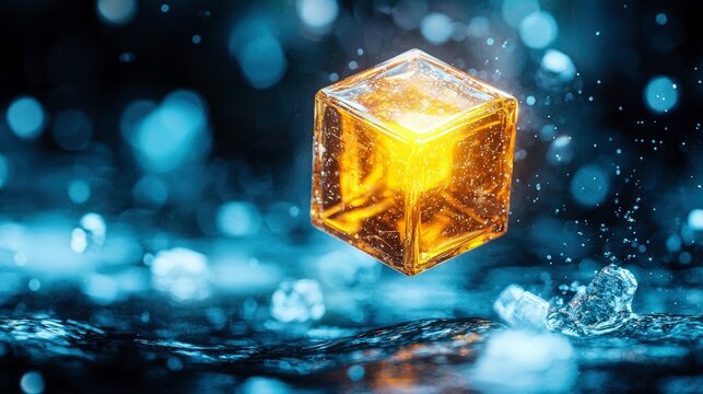 A luminous amber cube hovers above dark, rippling water, surrounded by ice shards and soft blue bokeh lights.