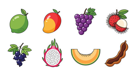 Assortment of vibrant cartoon fruit illustrations on white background