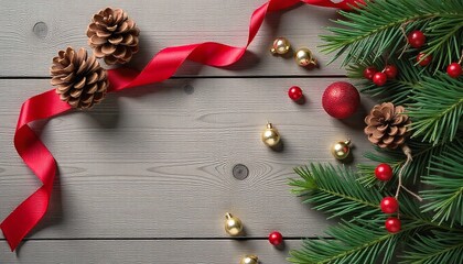 Festive Christmas background with red ribbon, ornaments, and pine boughs perfect for holiday greetings and seasonal promotions on rustic wood