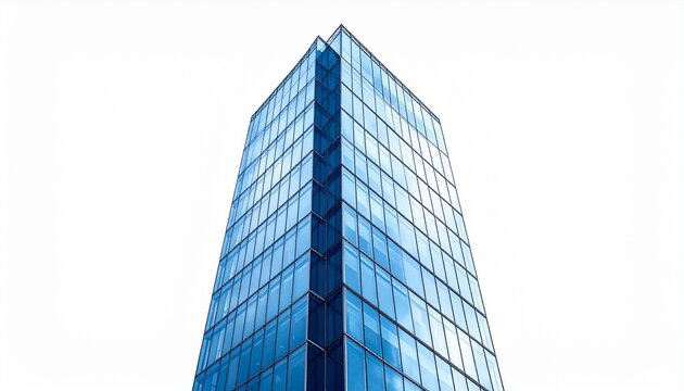 Modern high-rise building with reflective blue glass panels viewed from low angle against sky