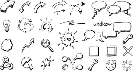 Hand drawn vector set of utility doodle elements arrows light bulbs speech bubbles and tools sketch