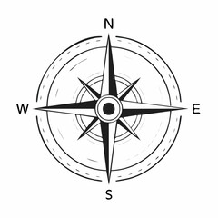 Stylized Black and White Compass Rose with Cardinal Directions NSEW and Textured Ring Keywords: compass, rose, navigation, direction, north, south, east, west, cardinal, points, symbol