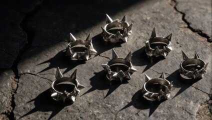 Seven silver dog head rings on cracked concrete surface.