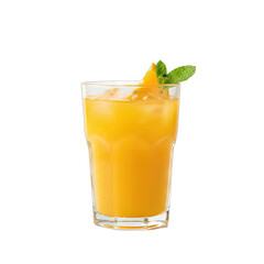 A Refreshing Orange Drink With Ice Garnished With Mango Slice and Mint Leaves Isolated On Black Background With Subtle Bubbles And Water Droplets