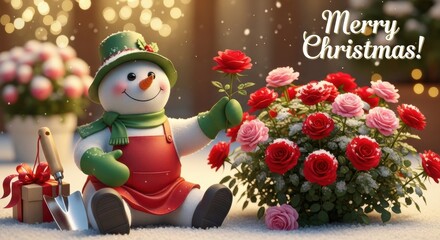 Snowman gardener in a hat and mittens sitting by a bouquet of roses near a flower shop, wishing Merry Christmas.