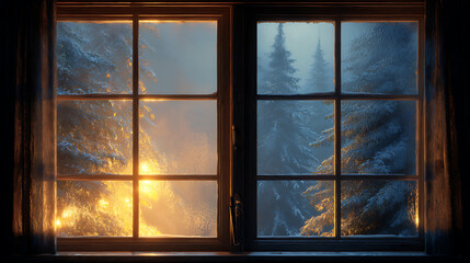 Fototapeta premium Cozy christmas scene through a frosted window nature landscape warm glow of lights in winter environment