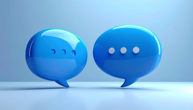 Two blue 3D speech bubbles with ellipses, symbolizing communication, conversation, and dialogue on a light blue background.