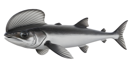 Stylized grey fish with prominent crest fin isolated on clean background