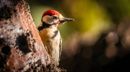 woodpecker. Woodpecker perched on tree trunk captured mid-peck in morning forest light. wildlife magazines, conservation campaigns, designed for eco-tourism storytelling.