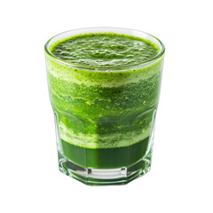 A refreshing vibrant green smoothie in a clear glass with a frothy top detailed with tiny air bubbles and a dark green layer at the bottom against a transparent background soft studio lighting