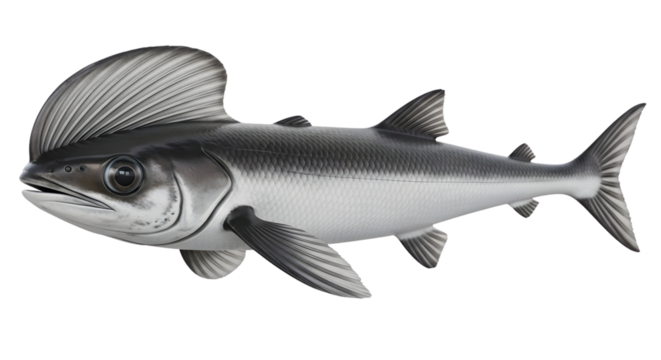 Stylized grey fish with prominent crest fin isolated on clean background