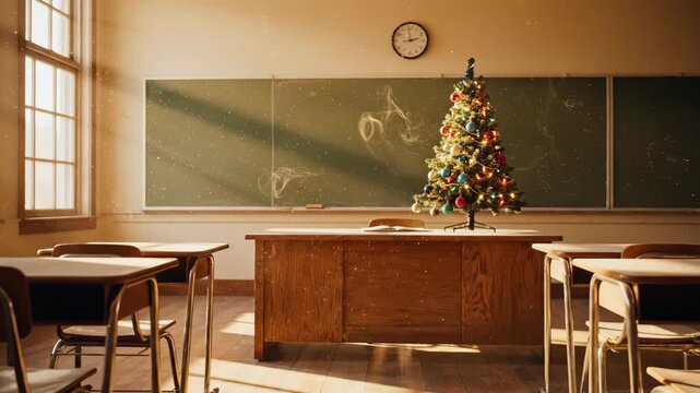 Sunlit classroom with decorated Christmas tree on wooden teacher's desk, surrounded by empty student desks and chairs, chalkboard background, warm afternoon light streaming through large windows