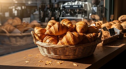 Basket of fresh golden croissants on a cafe counter